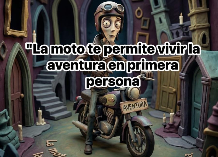 Una caricatura de un motero con una frase motivadora sobreimpresa