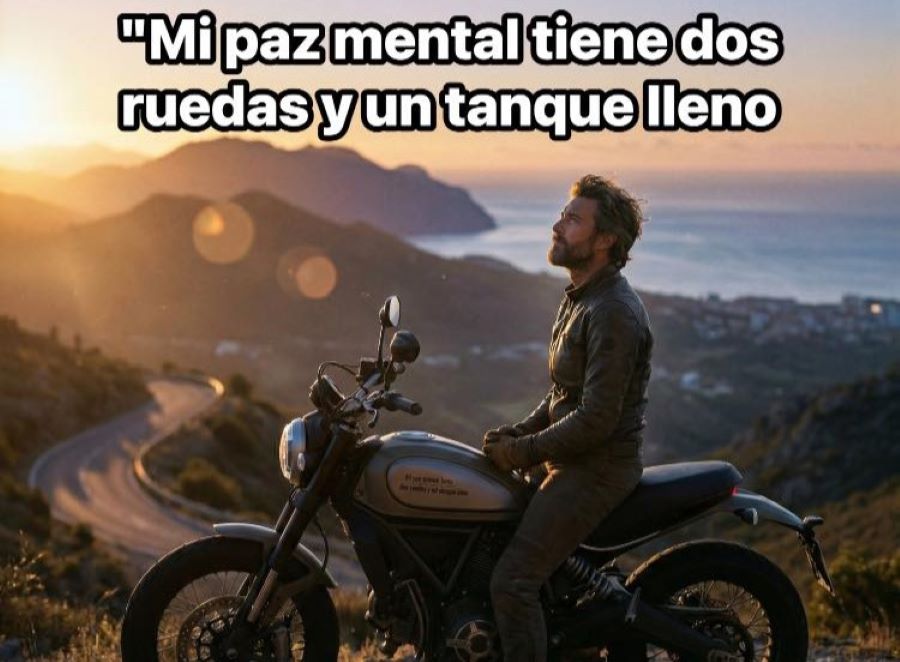 Un hombre sentado sobre su moto se relaja en medio de un paisaje montañoso