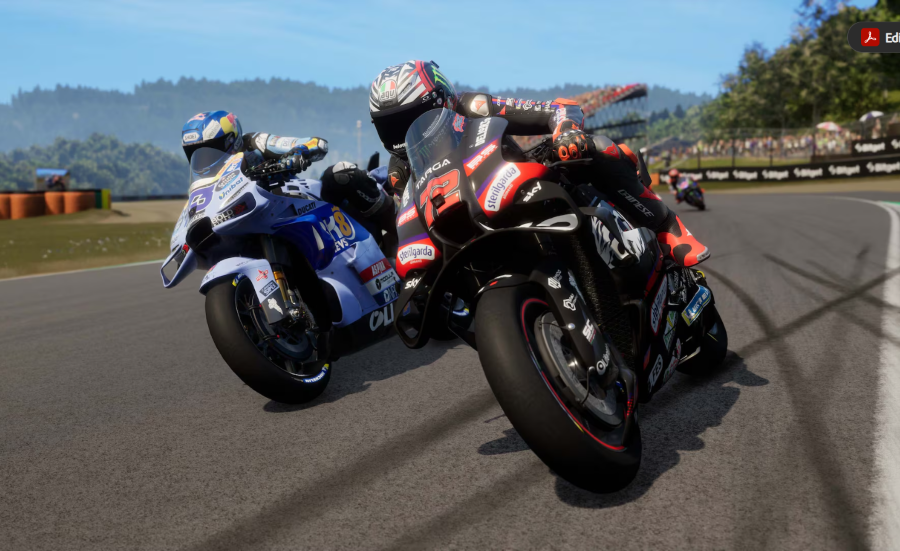Imagen de pantalla de dos motos en plena carrera dentro del videojuego motoGP 2026