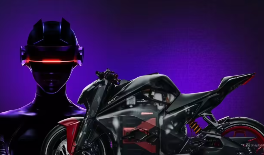 Imagen de una figura negra con casco y una moto Ultraviolette que la marca usó para lanzar Violette AI