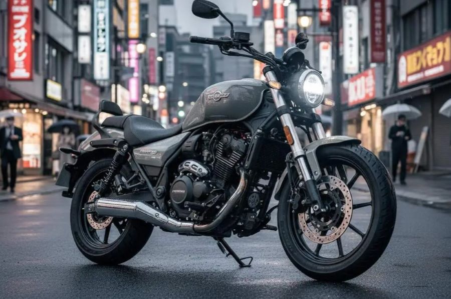 una Hyosung GV250X Roadster posa atravesada en medio de una calle