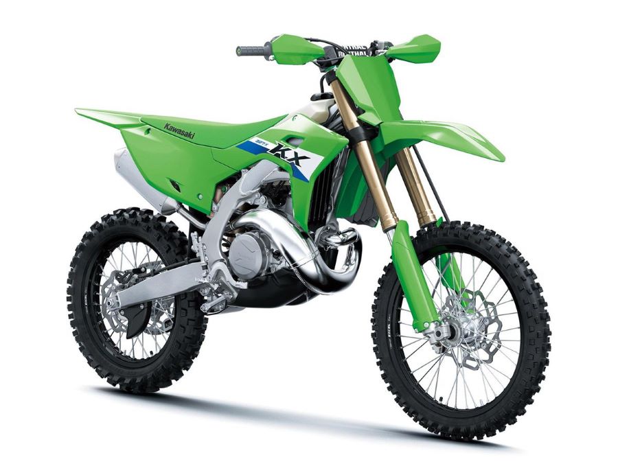 Lateral derecho de una Kawasaki KX327X de dos tiempos
