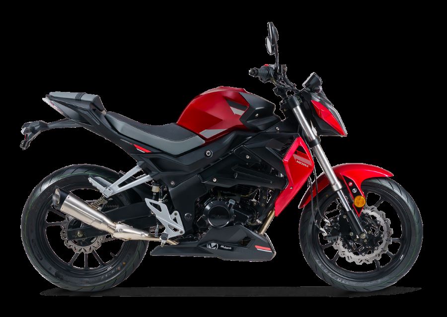 Lateral derecho de una moto Malaguti Modena 150 roja