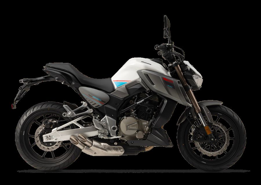 Lateral derecho de una moto Malaguti modena 300 blanca
