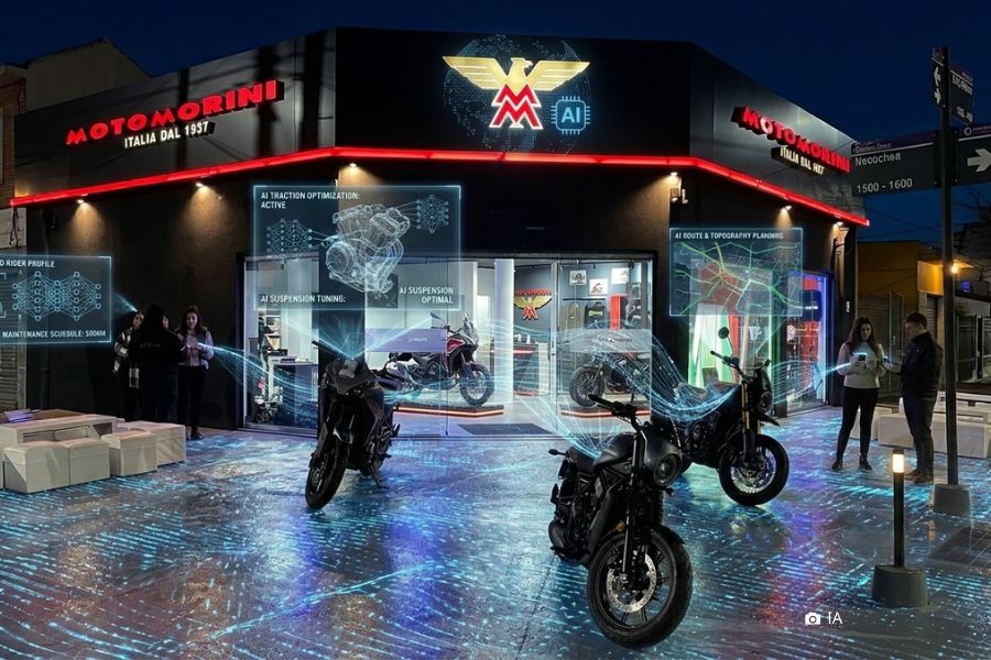Imagen creada por IA que muestra un render de una concesionario que ofrece motos con inteligencia artificial