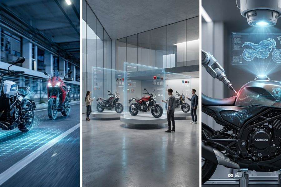 Un tríptico de imagens creado por AI que muestra secuencias de la venta de motos por este sistema