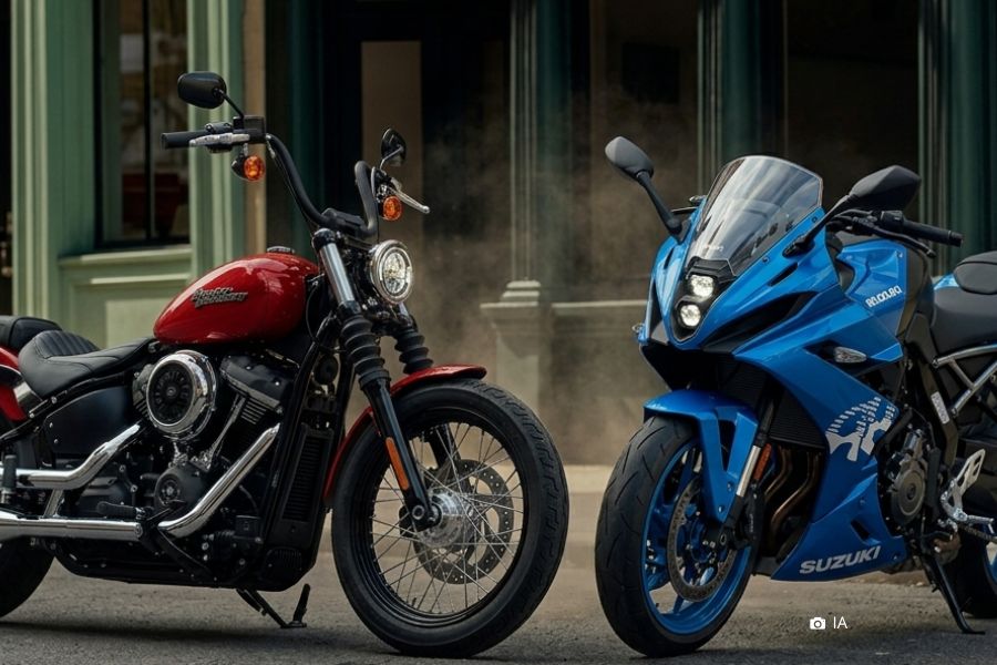 Un modelo Harley enfrentado a uno Suzuki en una foto creada por IA