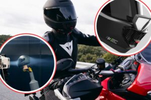 Un motociclista se traslada portando un casco Zyon. En círculos, imágenes del producto en producción y experimentación