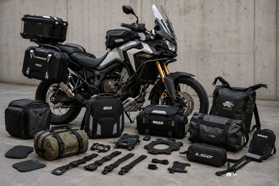 Una moto adventure provista y rodeada de distintos tipos de equipajes
