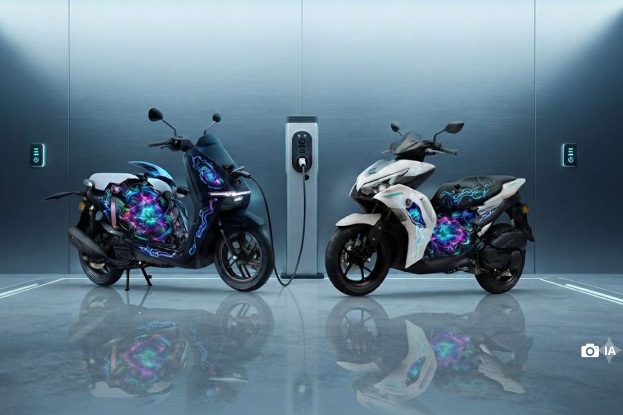 Los scooters Honda UC3 y Yamaha Aerox E ubicados adelante de un cargador
