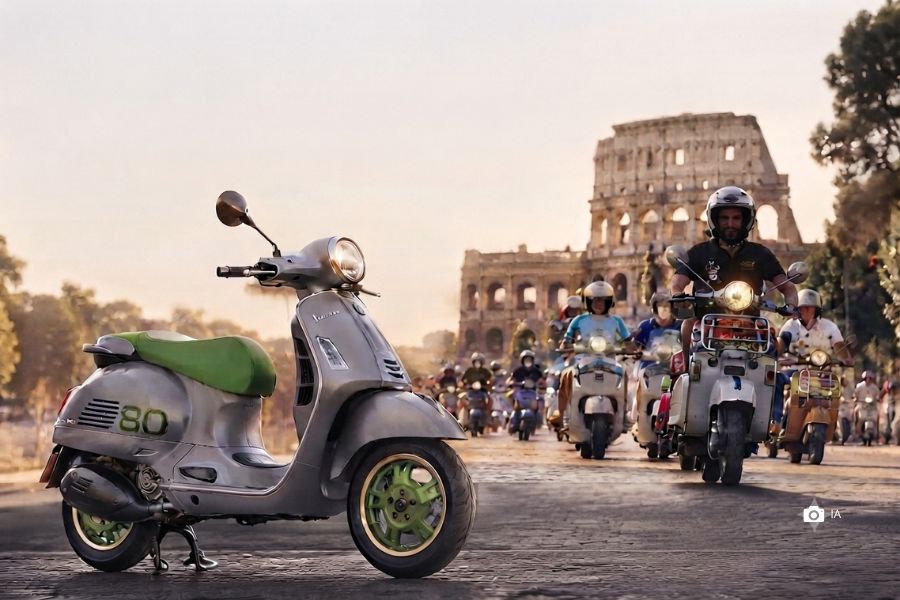 En primer plano,una Vespa Edizione Ottentisimo. Al fon una caravana de Vespas por Roma.