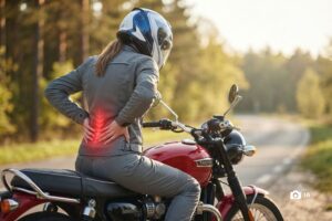 Una motociclista se toma con las dos manos la parte baja de la espalda por el dolor
