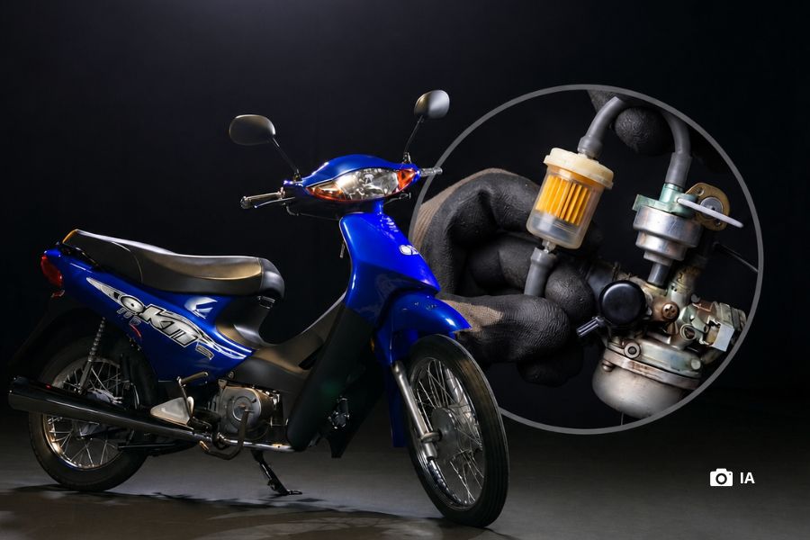 Una típica moto CUB azul. en círculo un filtro de nafta para ese vehículo.
