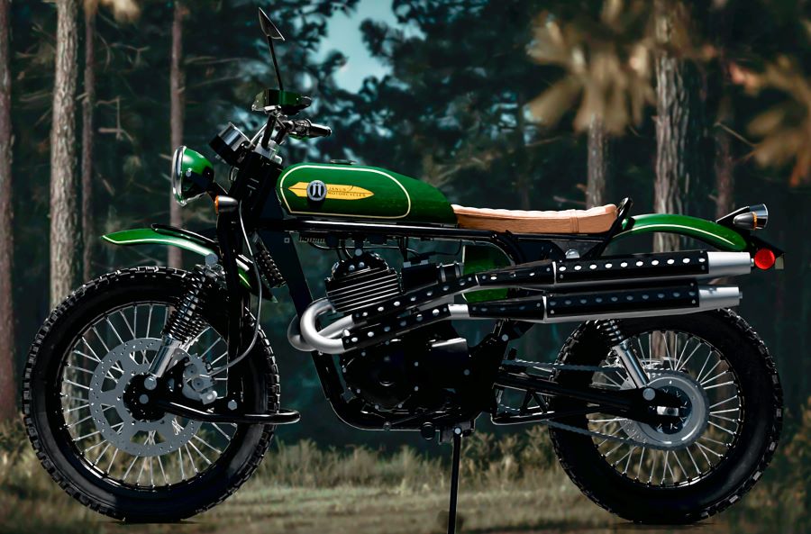 una moto Janus Gryffin 450 Origin luce en medio de un bosque