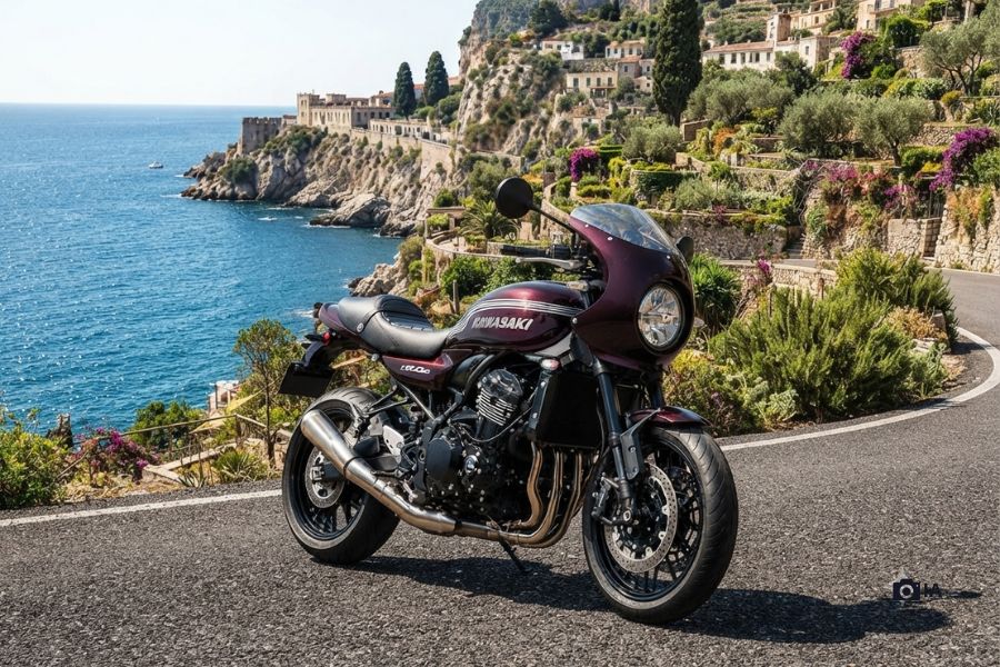La Kawasaki Z900RS Café confirma que no todo debe cambiar Una moto Kawasaki Z900 RS café posa delante de un paisaje mediterráneo