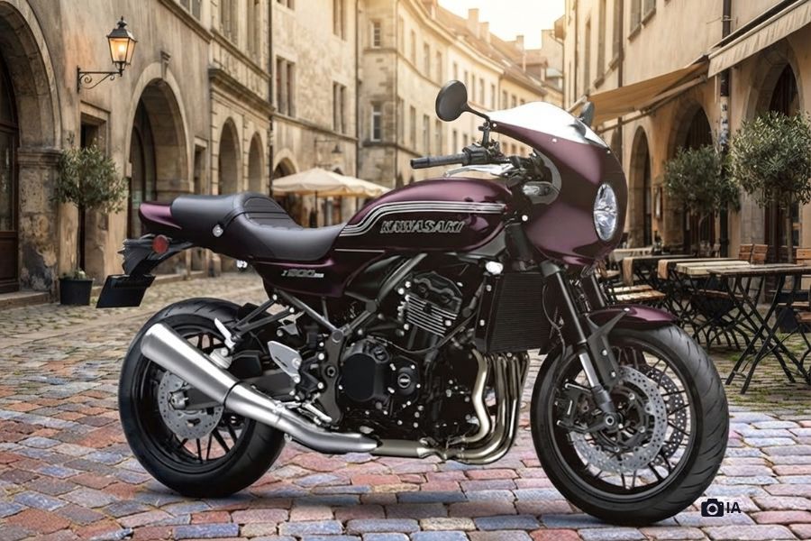 La Kawasaki Z900RS Café confirma que no todo debe cambiar Una moto Kawasaki Z900 RS café posa con un fondo de ciudd antigua