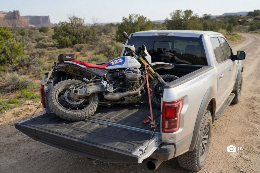 ¿Se puede transportar una moto acostada? Una moto BMW R12 GS recostada sobre la caja de una pickup