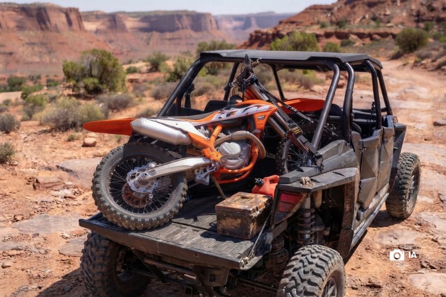 ¿Se puede transportar una moto acostada? Una moto KTM acostada sobre la caja de un UTV