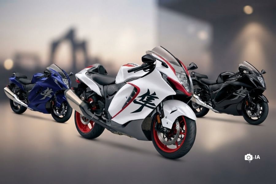 La Suzuki Hayabusa 2027 edición especial en primer plano. detrás, otras dos variantes de colores.