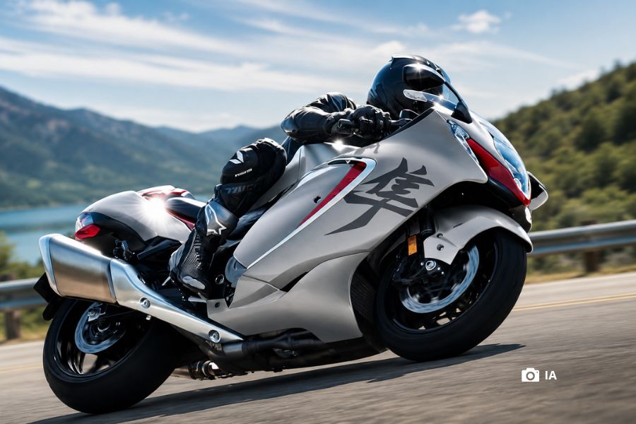 Una Suzuki Hayabusa 2027 edición especial inclinada en plena ruta