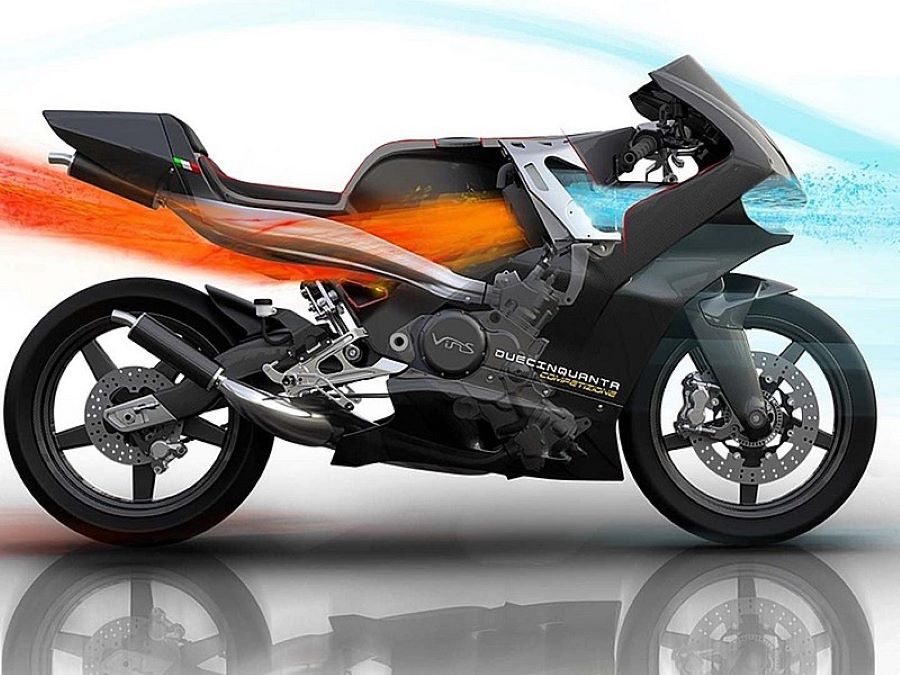 La moto de dos tiempos que la industria daba por extinguida Un render muestra el conducto de aire que fluye por toda la Vins Duecinquanta