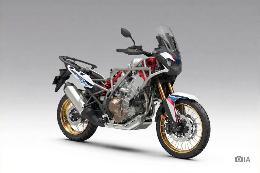 Un reder hipotético de la estructura de una nueva Honda africa twin con motor V3R con compresor eléctrico