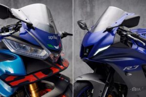 Vista de los frontales de una Aprilia RS 660 y Una Yamaha R7 enfrentados