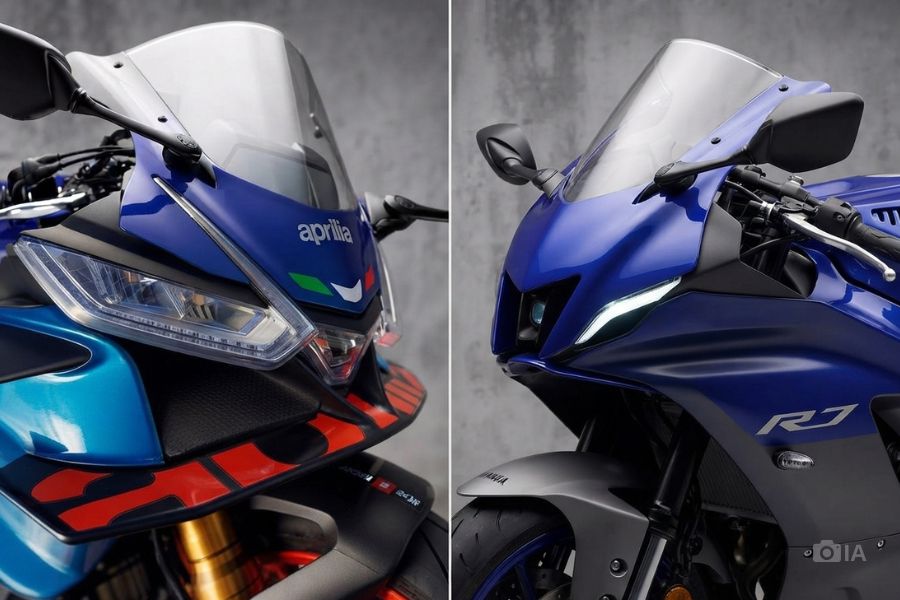 Vista de los frontales de una Aprilia RS 660 y Una Yamaha R7 enfrentados