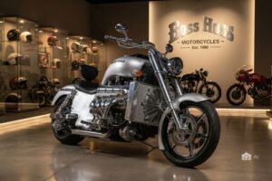 Una moto boss hoss cruiser 2026 plateada luce en una galería temática