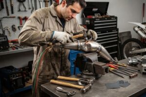 un mecánico trabaja en la reparación de un escape de moto roto