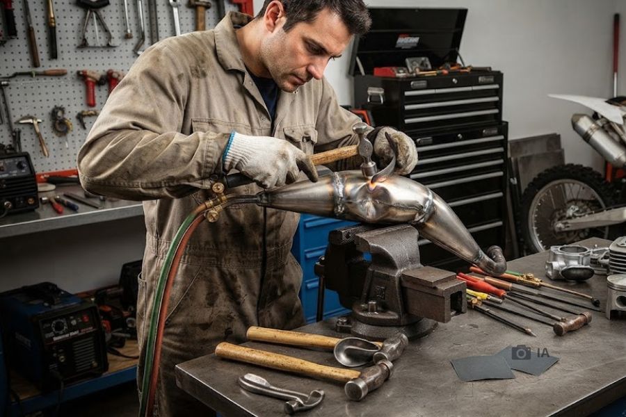un mecánico trabaja en la reparación de un escape de moto roto