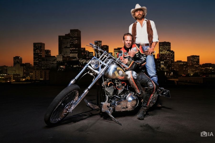Los personajes de la película Harley Davidson y el hombre Malrboro posan junto a la máquina.