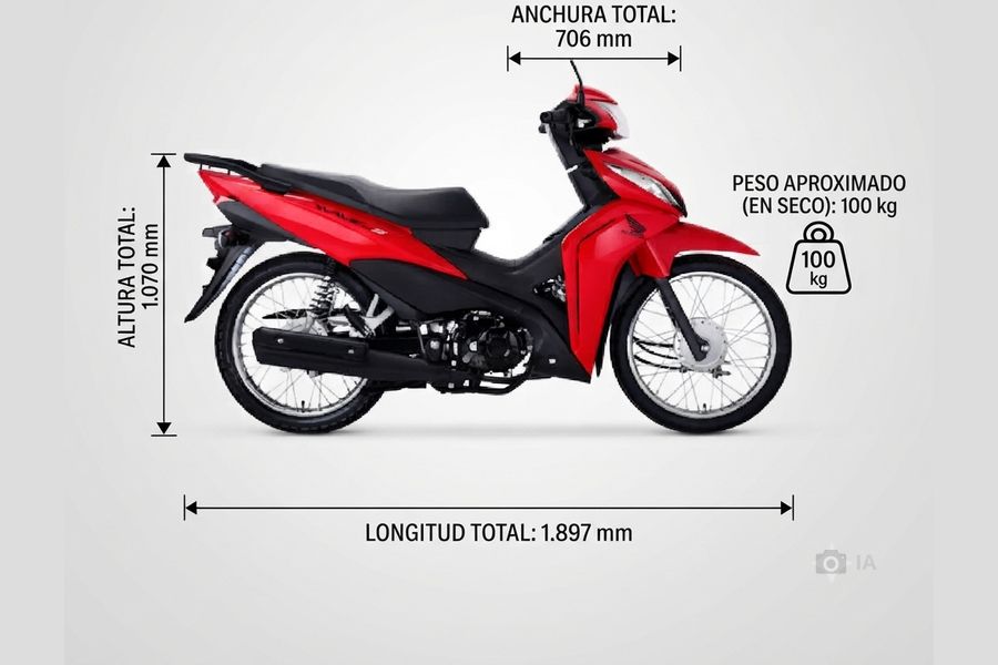 Lateral de una moto 110 con flechas que muestran sus medidas