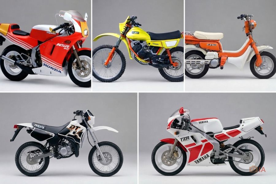 Una grilla fotográfica compuesta por 5 motos 50cc viejas