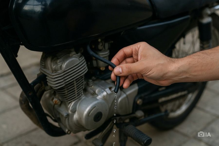 ¿Por qué huele a gasolina mi moto? Riesgos y soluciones una mano sostiene una manguera de gasolina desconectada de una moto.