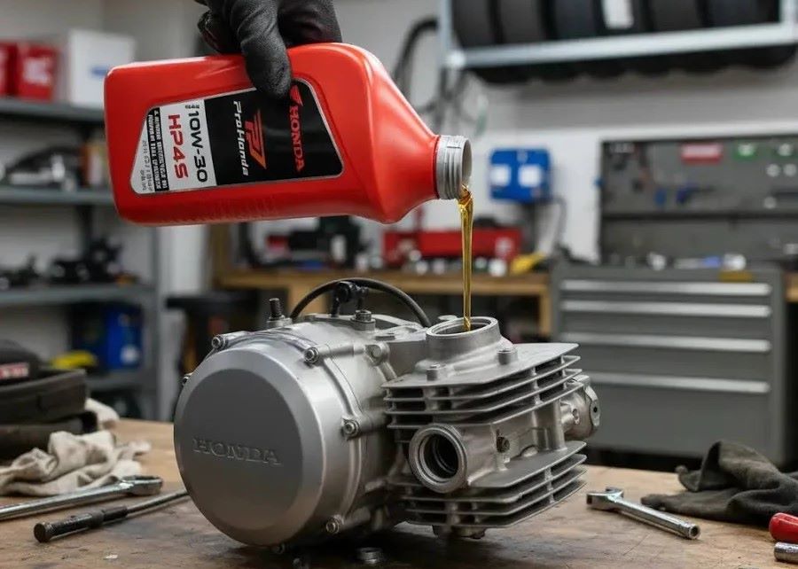 Una mano de un mecánico vierte aceite en un moto Honda
