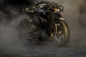 Una moto Aston Martin AMB 002 en medio del humo