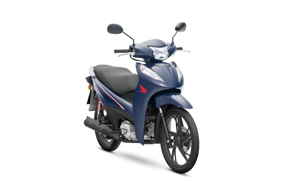 Lateral derecho en perspectiva delantera de una Honda Biz 110 azul