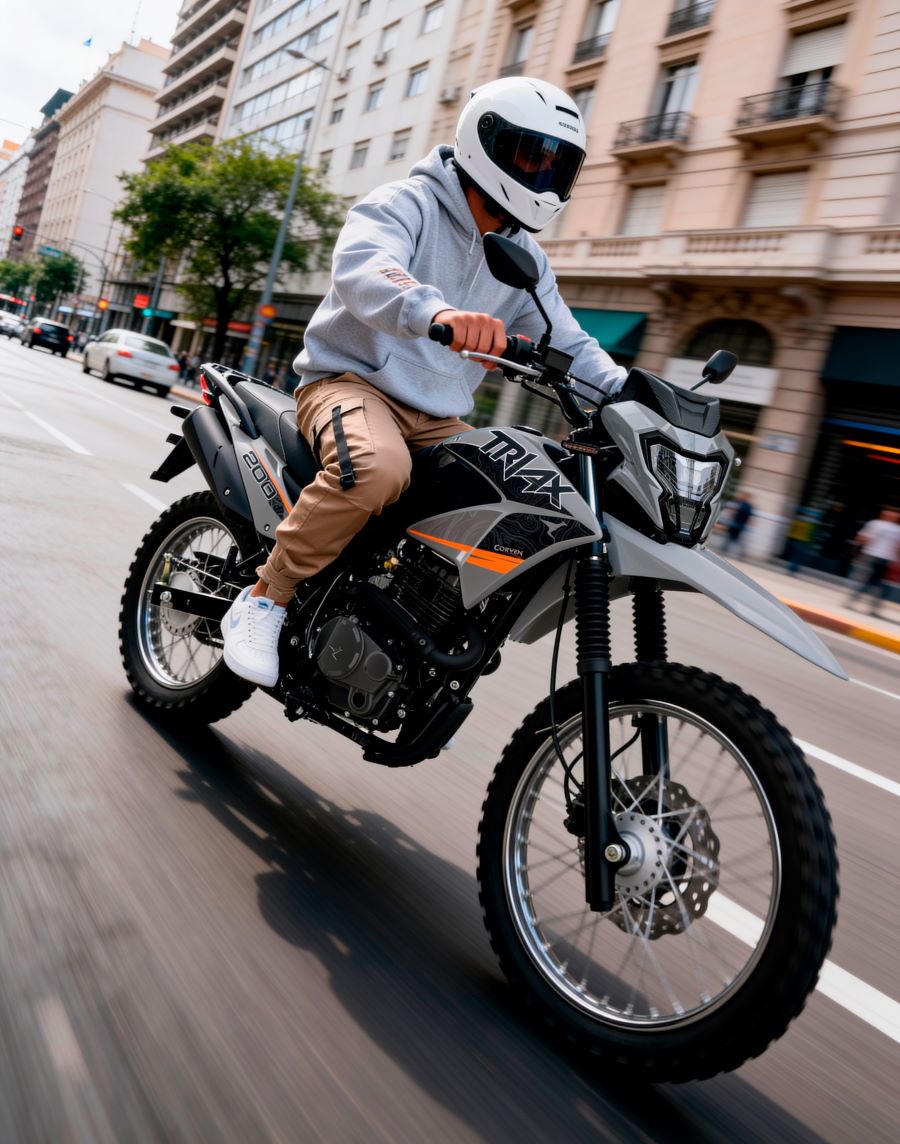 Una moto corven Triax 200 Max transita por la ciudad