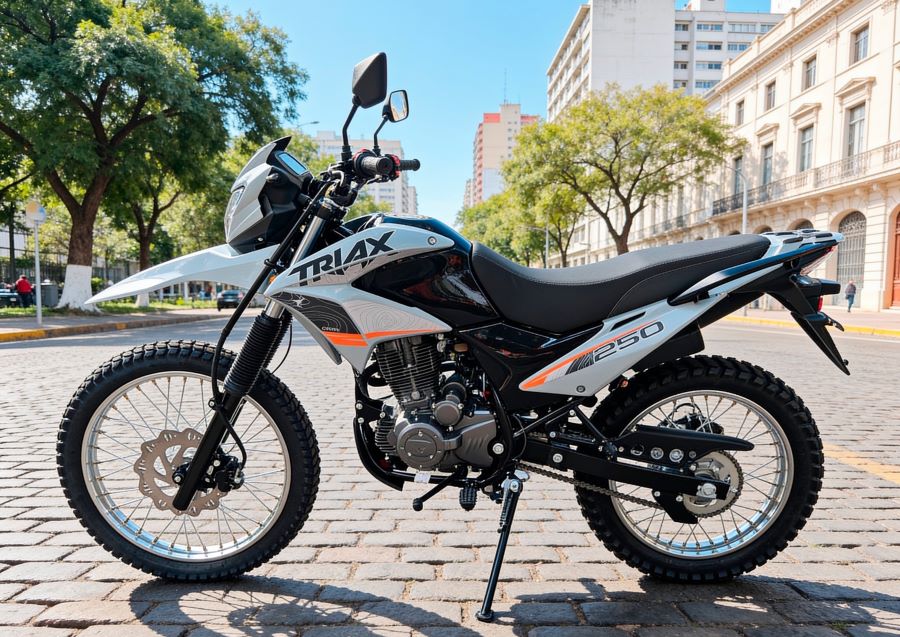 Lateralizquierdo de una moto Corven Triax 250 Max para en una calle de una ciudad