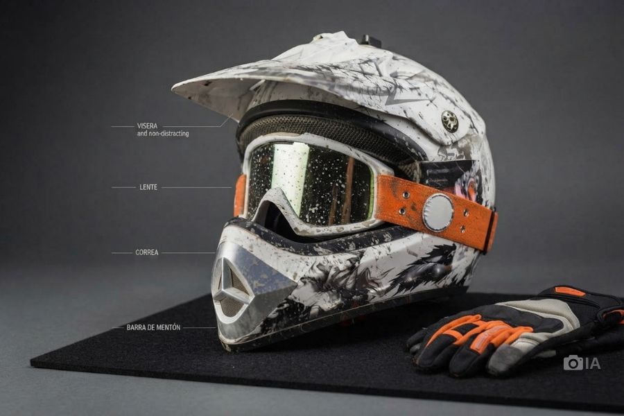 Imagen creada con IA para ilustrar las partes de un casco de motocross