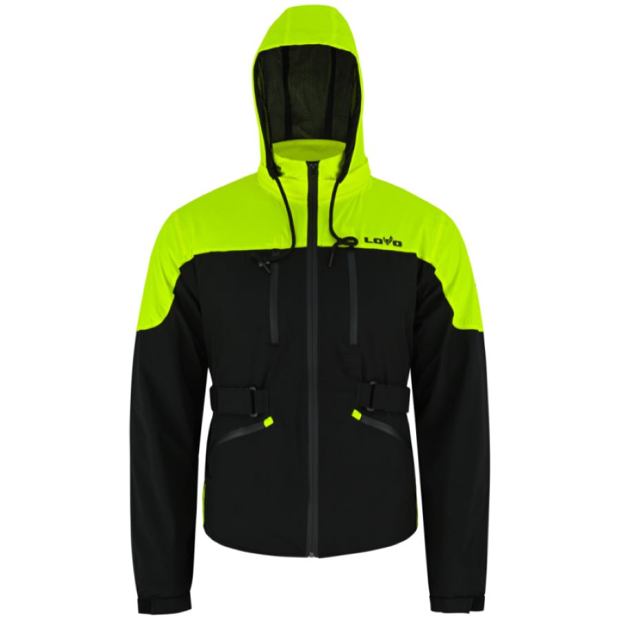 Una chaqueta de moto Lovo negra y verde flúo