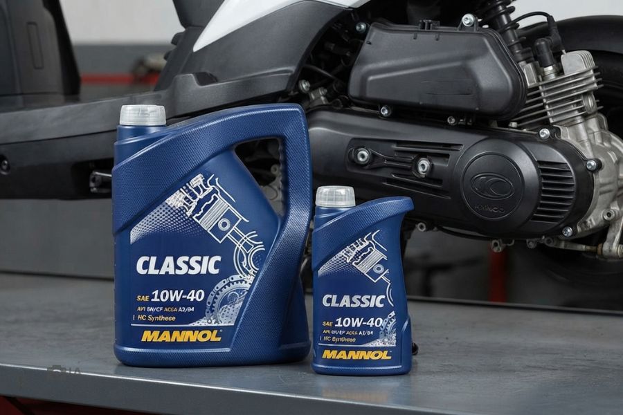 Una imagen creada con IA muestra botes de aceite frente al motor de un scooter Kymco