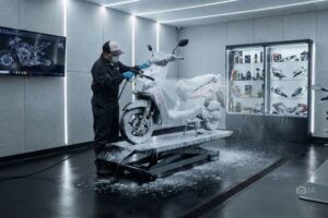 Una imagen creada con IA muestra a un operario de un lavadero de motos en plena actividad