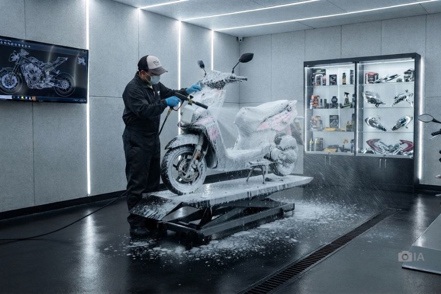 Una imagen creada con IA muestra a un operario de un lavadero de motos en plena actividad