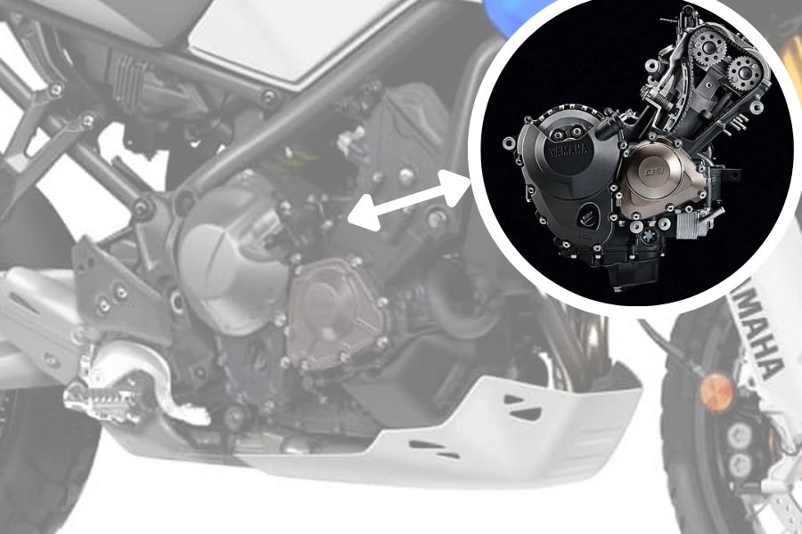Una imagen difusa sobre la parte central de una Yamaha Ténéré 700 y, en círculo, un motor CP3.