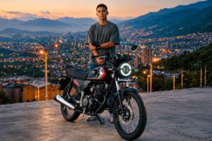 Un usuario parado al lado de su moto AKT NKD125 sobre una terraza y con la ciudad de fondo