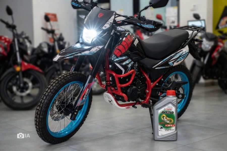 Imagen creada con IA para ilustrar qué aceite lleva una moto Italika DM200