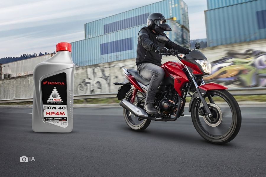 Una Honda Twister roja circula por la ciudad; a su derecha y sobre el piso, una botella de aceite.