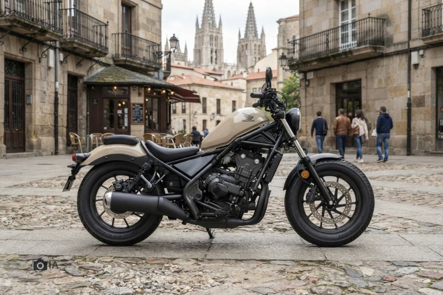 Una Honda Rebel descansa en una zona europea de construcciones antiguas
